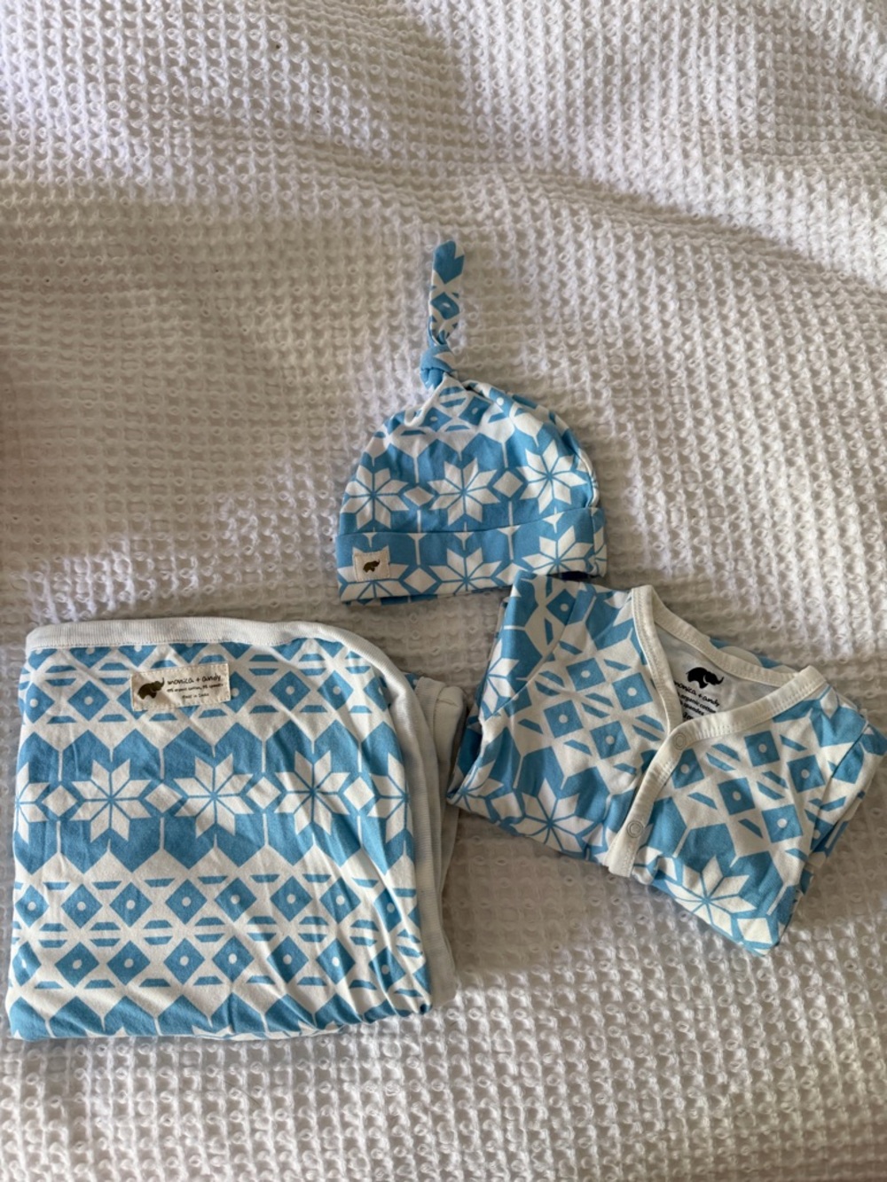 Monica + Andy Bundle - Blue & White Geometric Baby Set - Hat, Swaddle & Onesie